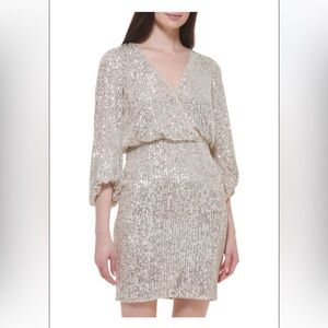 Eliza J Champagne Sequin V-Neck Cocktail Dress